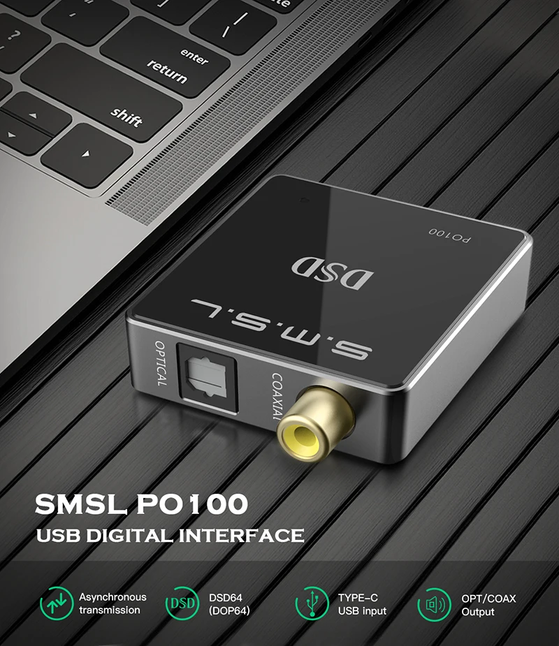SMSL PO100 Pro MQA DDC XMOS XU316 Draagbare audio-converter, digitaal- analoog-interface, USB-ingang, I2S/optisch/coaxiale SPDIF-uitgang (Toslink) converter voor telefoon/TV/PS5/Switch