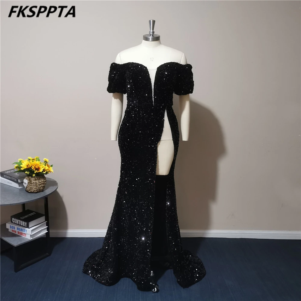 Sexy Black Mermaid Long Evening Dress Short Sleeves High Slit Sparkly Sequins Birthday Party Gows For Prom Custom Made plus size evening wear