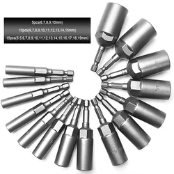 80mm Deep Power Nut Driver Drill Bit Set - Impact Socket Adapter for Power Tools, 6.35mm Hex Shank, 5.5-19mm (5/10/15 Pcs)