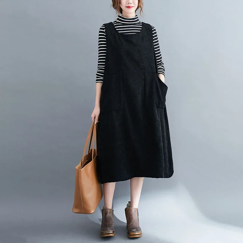 AutumnWinterBlackGrayBrownCorduroyDressSleevelessTankTopAlineDressWomenFront