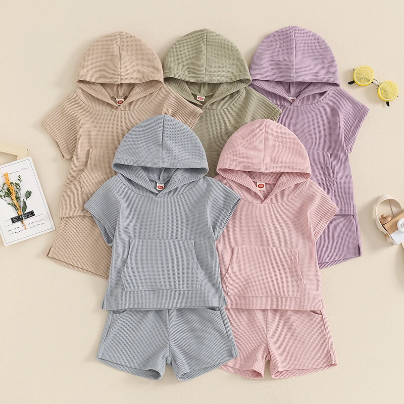 

Summer Toddler Baby Girls Boys Clothes Set Solid Color Pocket Hooded Tank Tops Elastic Waist Shorts 2PCS Kids infant Outfits