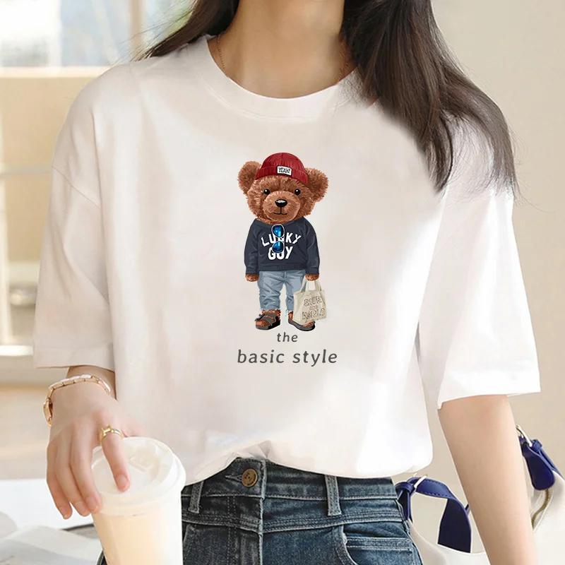 

Harajuku Cute Bear For Women's High-Quality Summer Print T-shirt 100% Cotton Casual Oversized Y2k 2023 Personality Sleeve O-neck