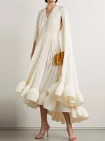 فستان طويل أنيق نسائي بكشكشة غير منتظمة ، أرجوحة كبيرة ، أكمام عباءة ، أربطة مقسمة ، ثنيات ، فستان حفلات ، جديد ، 1