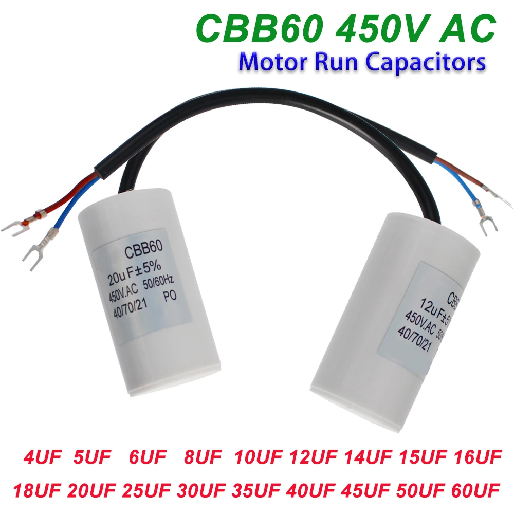Motor Run Capacitor 1pc CBB60 450V Motor Run Capacitors 450VAC Starting Capacitor 5% for Washing Machine 3UF 4UF 5UF 6UF 8UF 10UF 12UF 15UF 18UF 20U