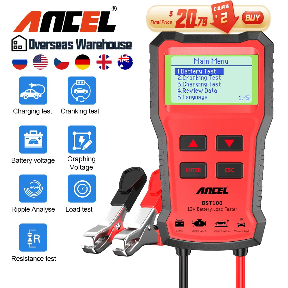 

ANCEL BST100 Car Battery Tester 12V Battery Analyzer Cranking Charging Circut Test Battery Tester Auto Diagnostic Tools PK BM550