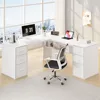 White L Shaped Desk with Drawers Shelves, Large Home Office Corner Computer Desk with Storage File Cabinet, Modern Metal Wood D 1