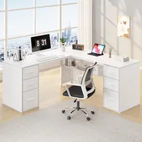 White L Shaped Desk with Drawers Shelves, Large Home Office Corner Computer Desk with Storage File Cabinet, Modern Metal Wood D 1