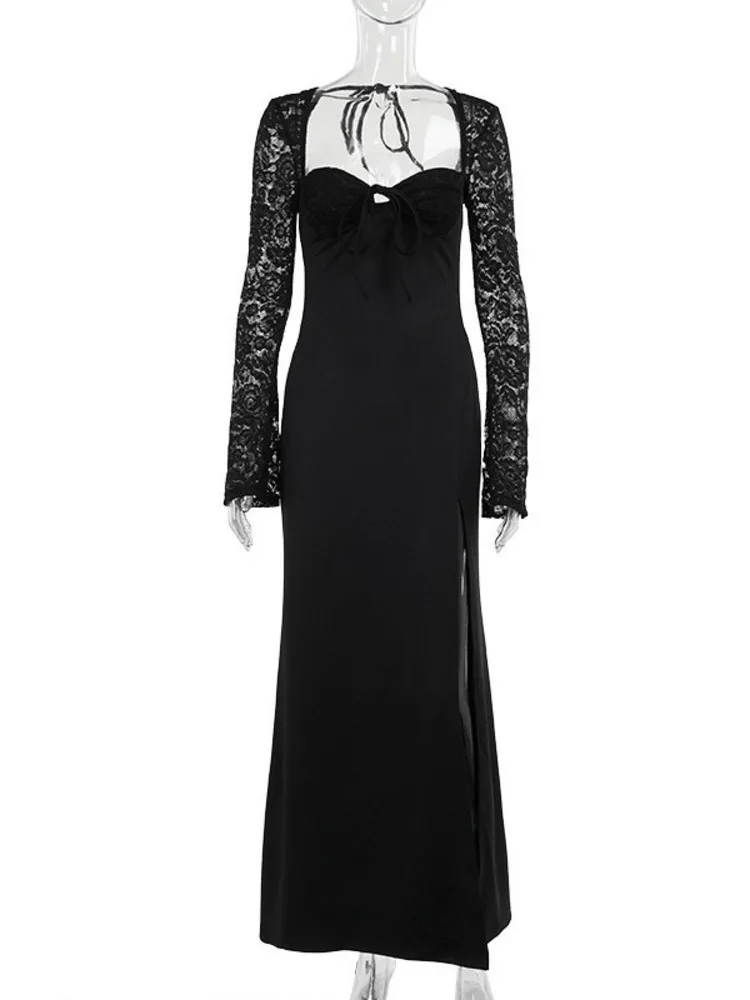Mozision Lace Long Sleeve Sexy Maxi Dress Women Autumn New Square Collar  Backless Lace-up High Split Sexy Club Party Long Dress - AliExpress  200000345