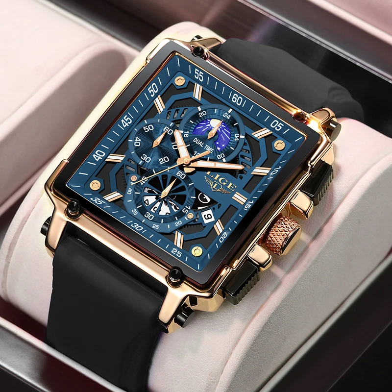 LIGE New Outdoor Sports Watches For Men Military Waterproof Men's Quartz Wristwatch Fashion Silicone Square Date Chronograph