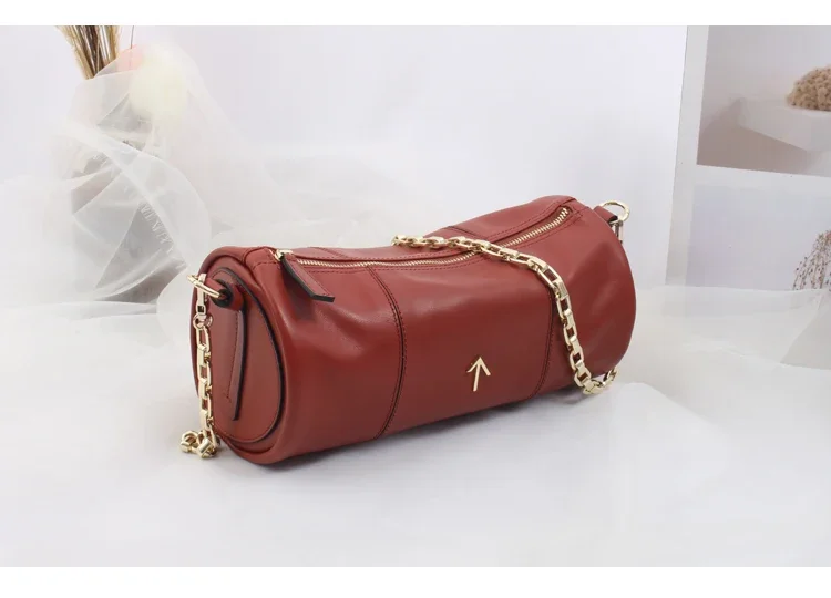 

New Türkiye Manu Leather One Shoulder Chain Bag for Men and Women, Retro Waist Drum Pillow Arrow Cylinder Bag