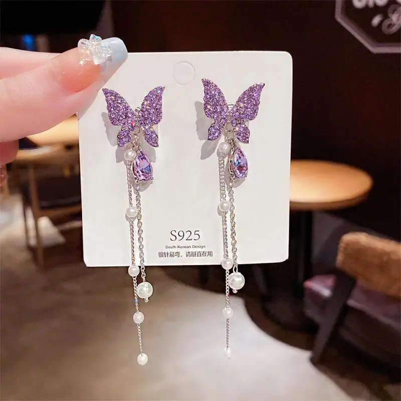 

Fairy And Sweet Crystal Butterfly Earrings High Grade Fashion Celebrity Style Long Pearl Tassels Show Face Thin Earrings Female