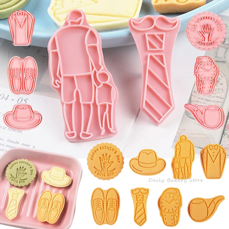 

8Pcs Cookies Cutters for Happy Father's Day Plastic Cartoon Pressable Super Dad Biscuit Mold Cookie Stamp Baking Pastry Tools