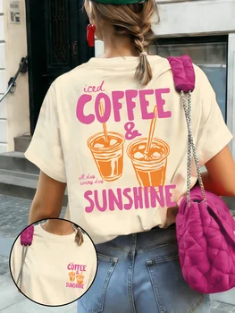 Summer New Iced Coffee & Sunshine Graphic Print Cotton T-shirt For Women Short Sleeve Tees Casual Clothes Oversized Unisex Tops 1