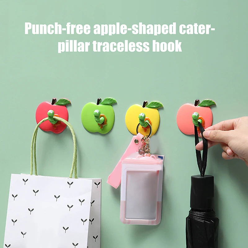 4pcs Cute Hooks, Punch-free Apple And Caterpillar Shape, Traceless Hooks, Strong Three-dimensional Cute Cartoon Bathroom Storage