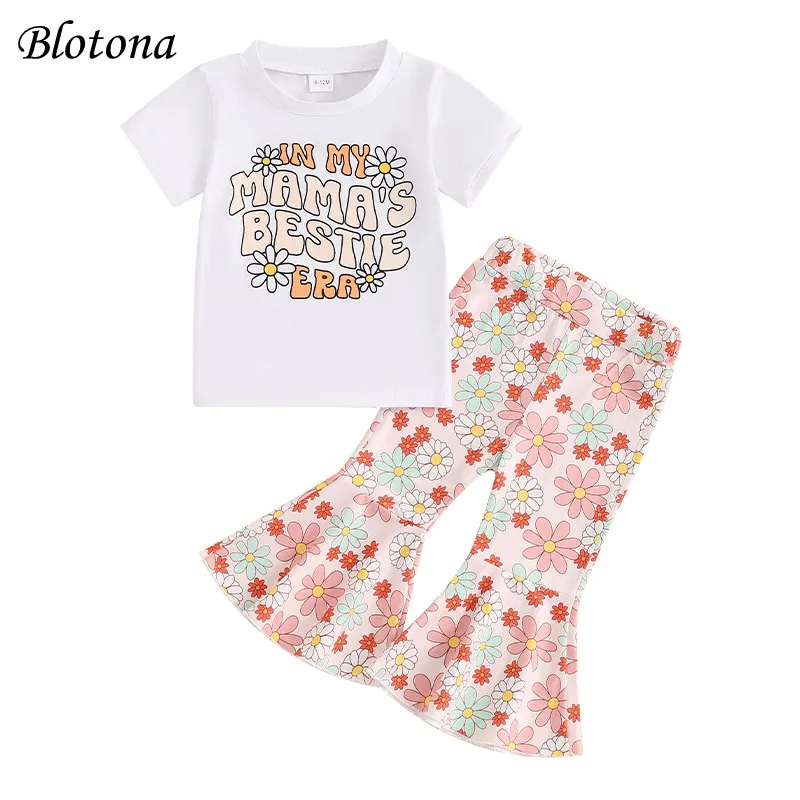 

Blotona Little Girls Summer Outfits, Letter Print Short Sleeve T-Shirt Daisy Print Flared Pants Baby Toddler 2 Piece Set