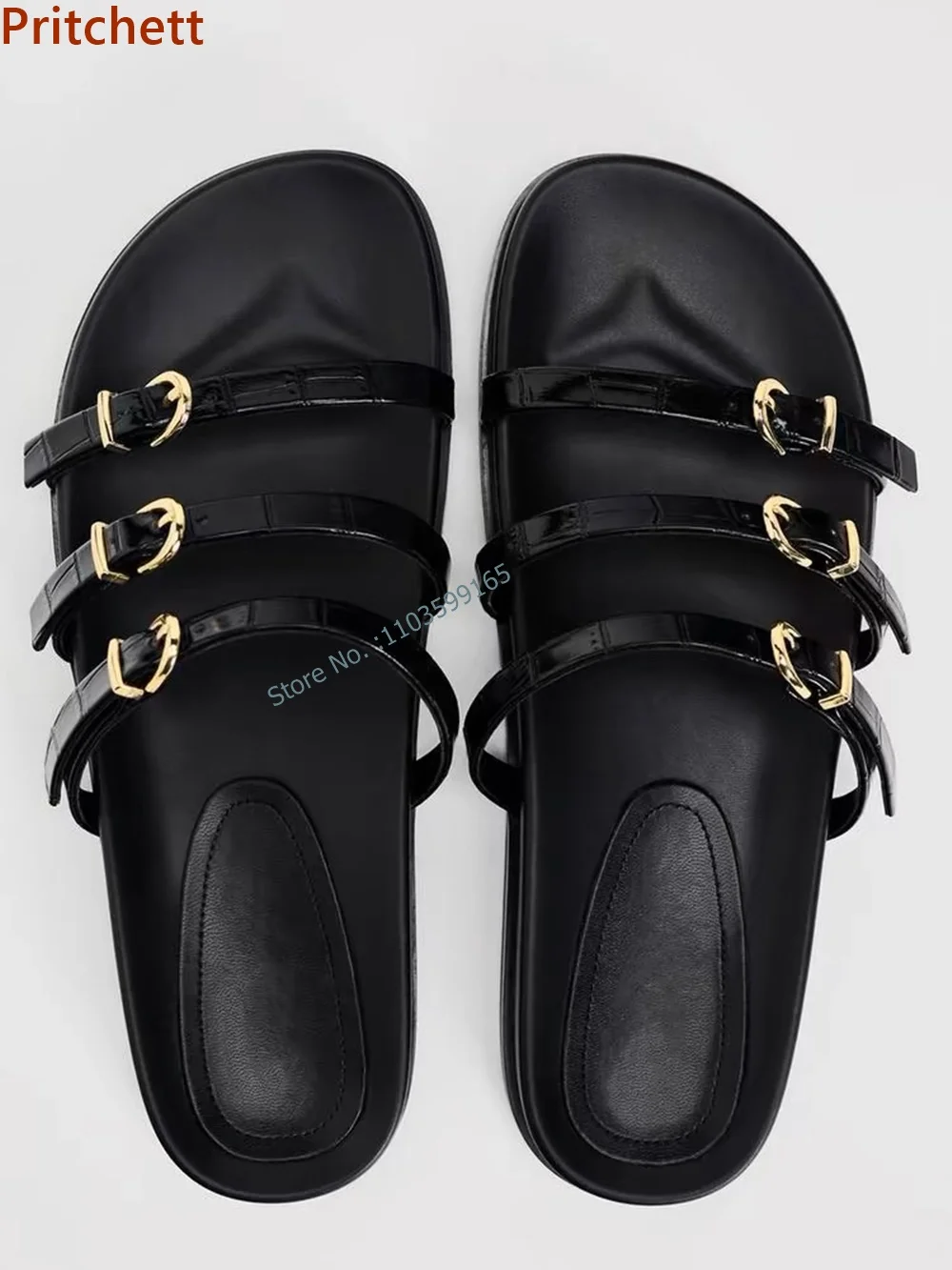 Solid Black Narrow Band Slippers Round Toe Flat with Slip On Belt Decoration Shoes Women Outdoor Comfortable Beach Shoes