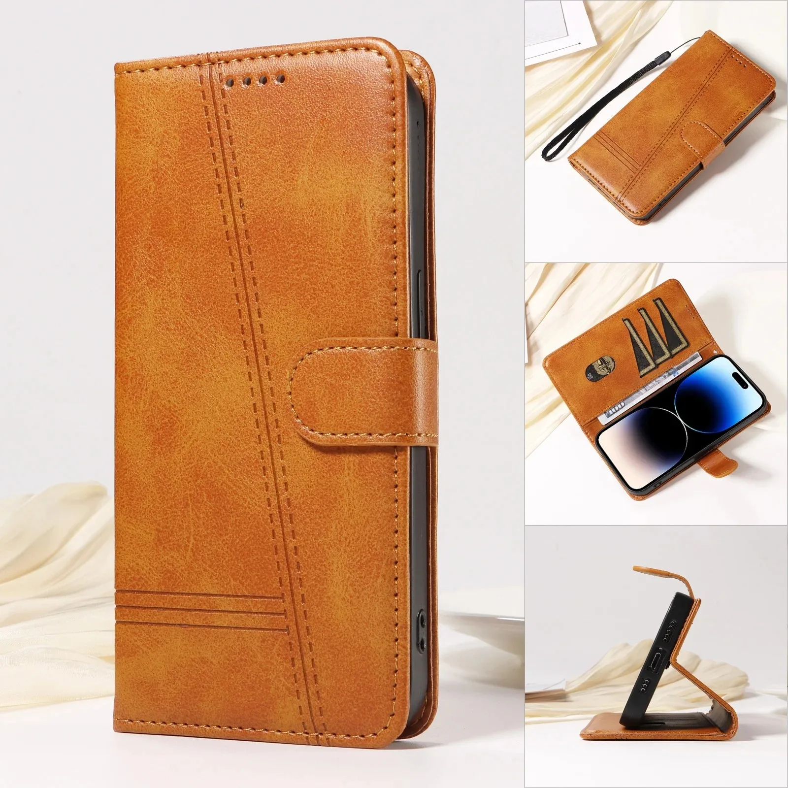 Leather Flip Phone Case with Card Holder and Stand - Protective Cover