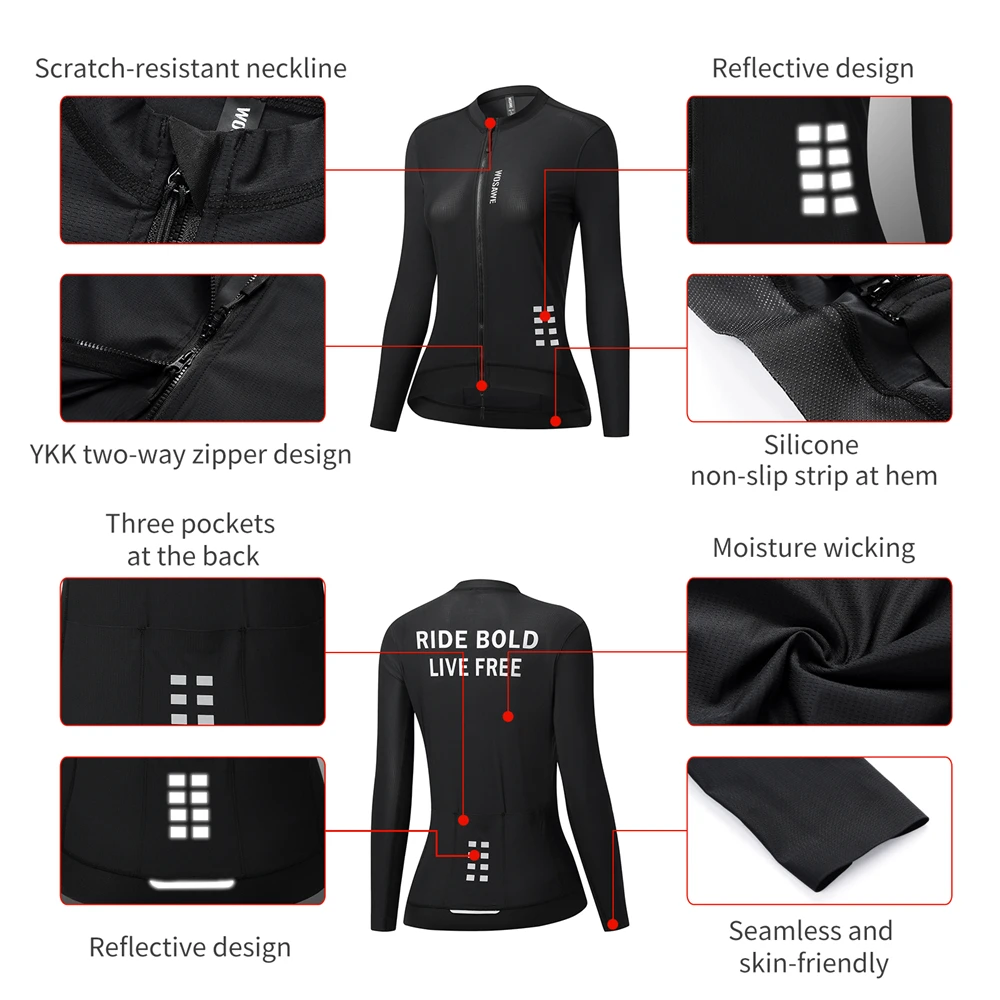 WOSAWE New Women Cycling Jersey Summer Spring Long  Sleeve Anti-UV Bike Shirts Reflective Quick Dry Cycling Jersey Slim Fit 4