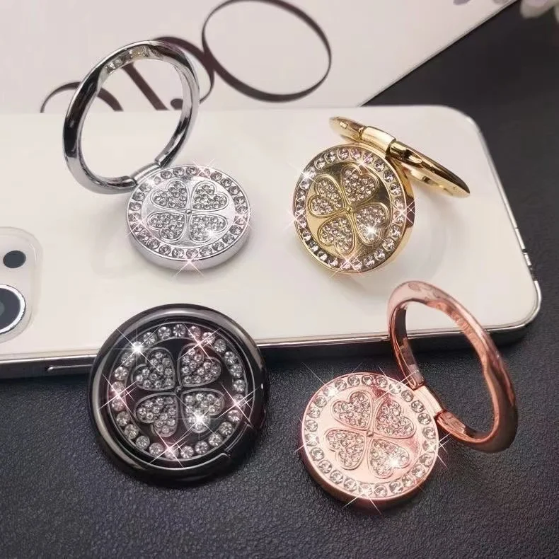 Elegant Rhinestone Four-Leaf Clover 360° Rotating Phone Ring Holder Stand