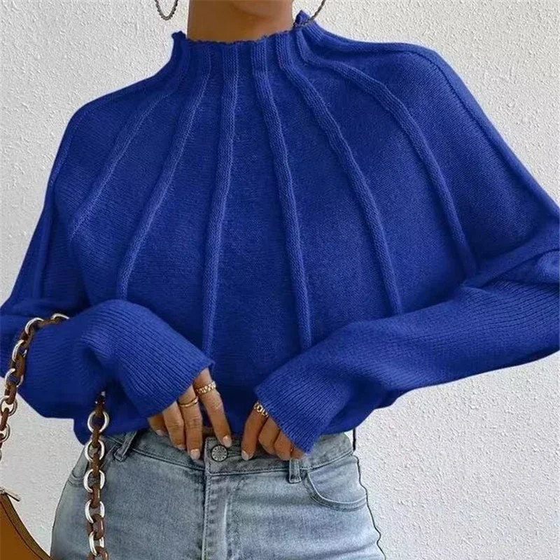 

2023 Solid Color Half High Neck Knitted Sweaters Solid Jumper Loose Casual New Bat Long Sleeve Tops Women Pullover Sweater 30456