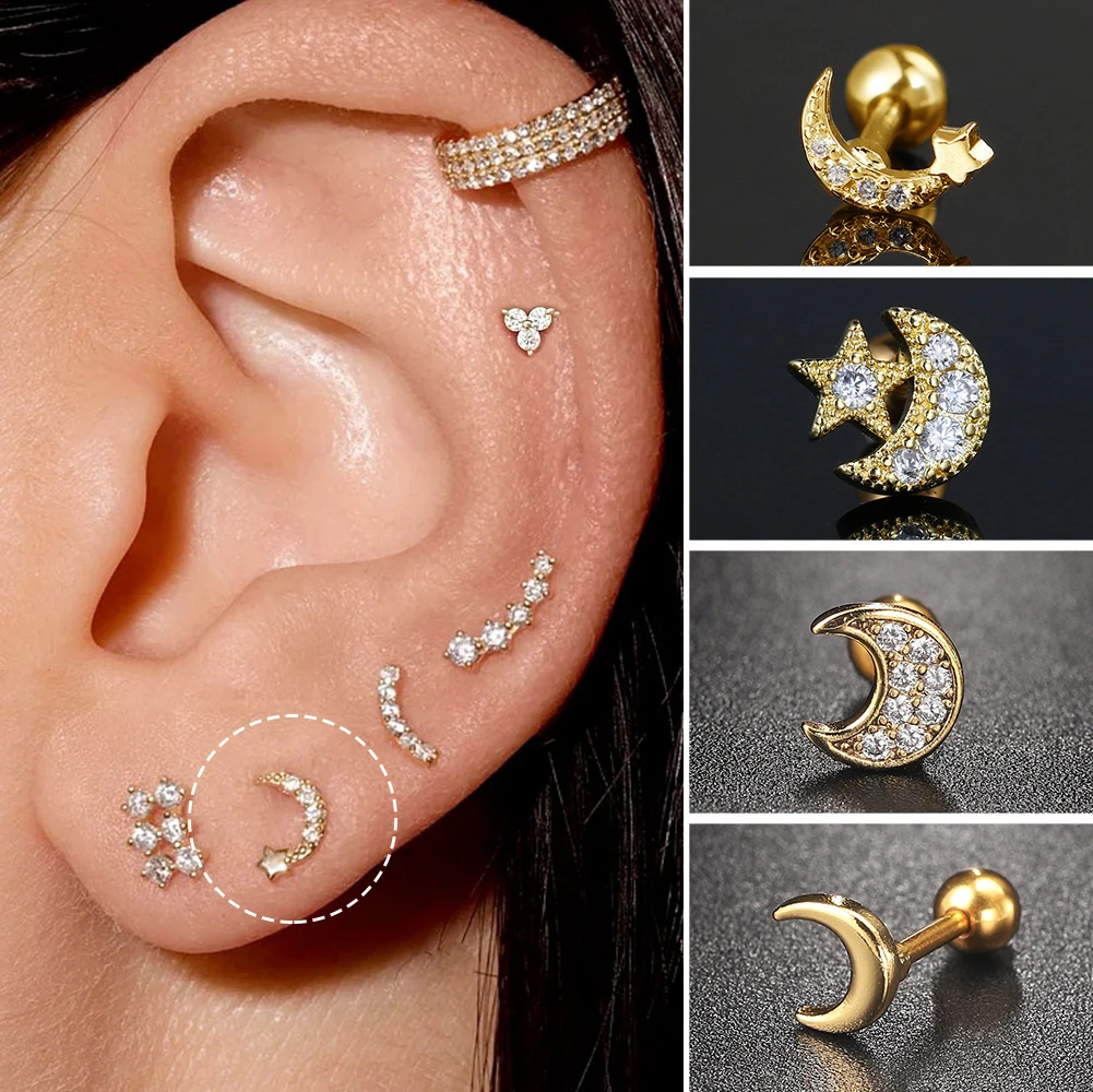 1 Stück Zierlicher CZ-Mond Piercing Y2k Ohrstecker für Frauen, Tragus Helix Daith Ohrschmuck, Edelstahl-Schmuck