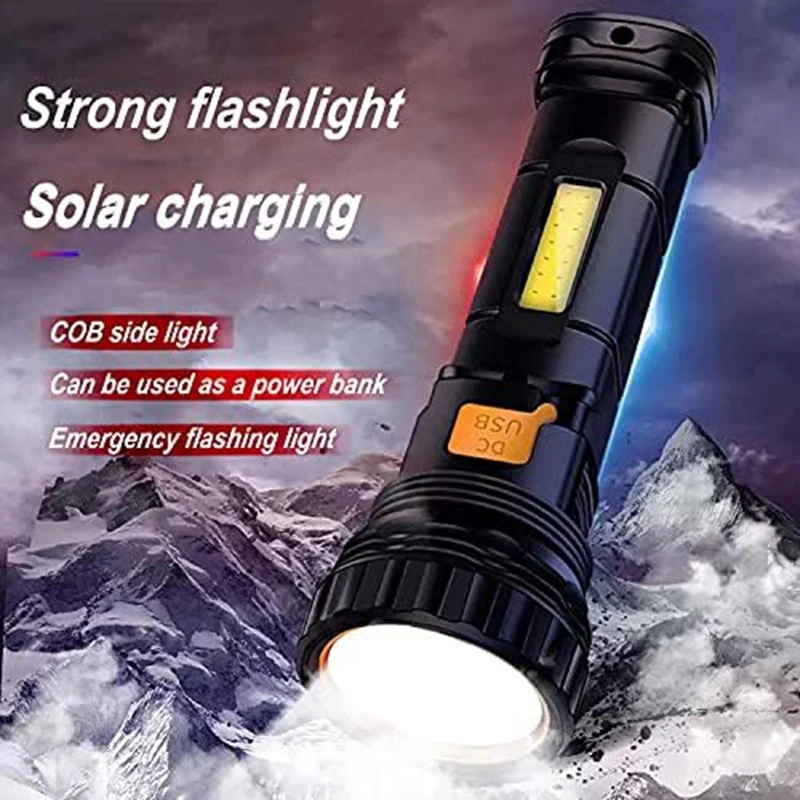 

Solar/Rechargeable Multi Function LED Flashlight,Waterproof,With Emergency Strobe Light,USB Charging Cable,Fast Charging Durable