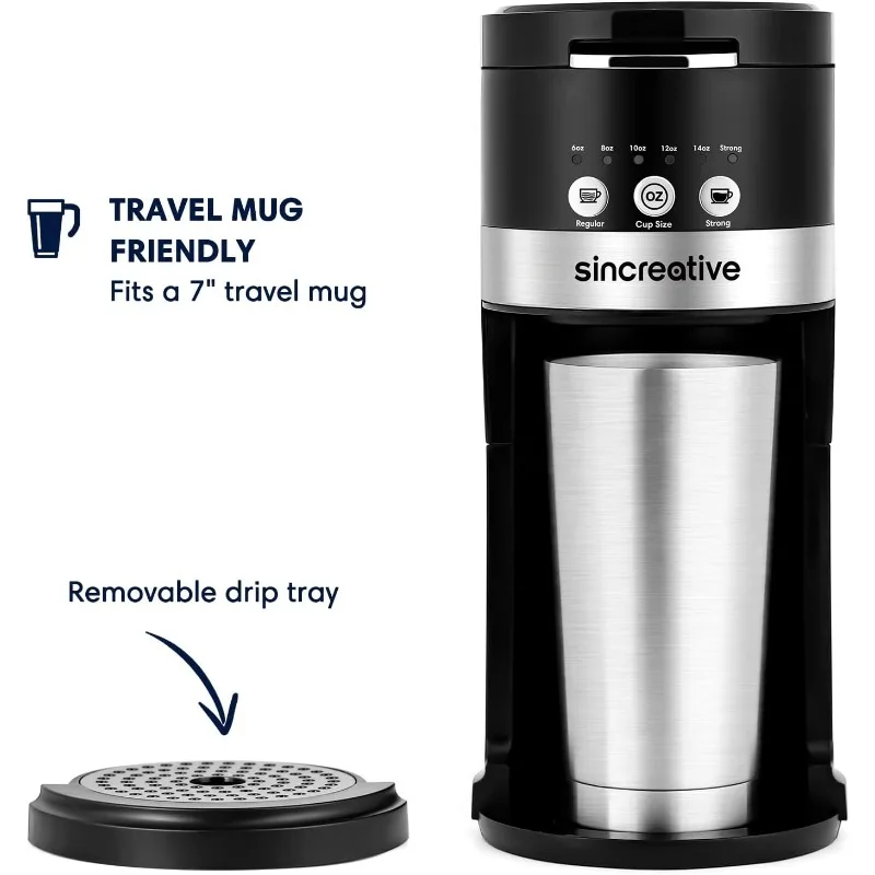 Sincreative Single Serve Coffee Maker, 2 in 1 Single Cup Coffee Makers for  K Cup Pod or Ground Coffee, Compact Coffee Machine with Strong Brew Button