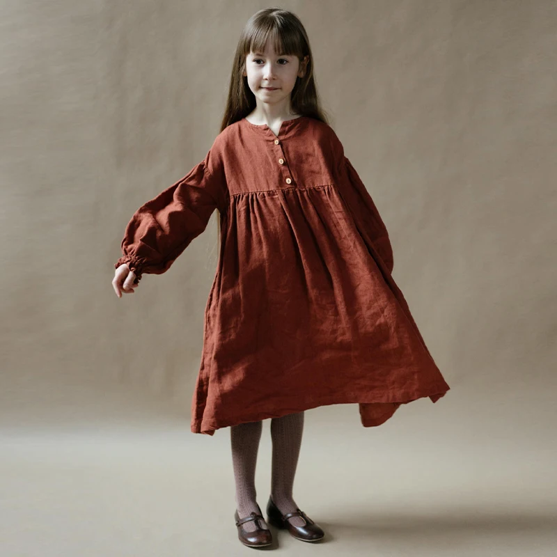 Kids V-Neck Button Dress in Linen     Girls Vintage Long-Sleeved 100%-Linen Autumn Solid Color Children's Crewneck round Buttons Casual Loose fit Mid-Calf A-line Dresses for Teenage Girl in Rustic red