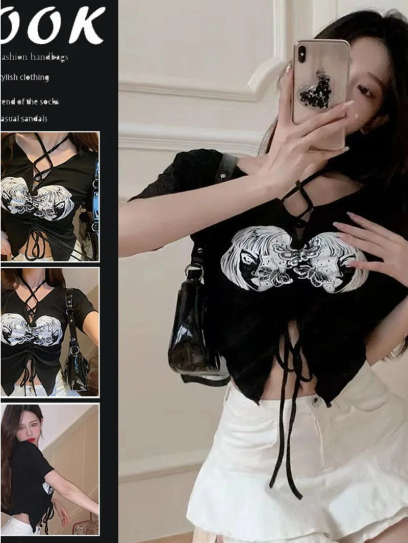 

Женская футболка с коротким рукавом, V-образным вырезом и креативным принтом