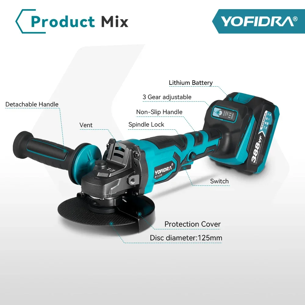 125mm  Brushless Angle Grinder 3 Gears Cordless Efficient Metal Wood Grinding Polishing Cutting Tool For Makita 18V-21V Battery 3