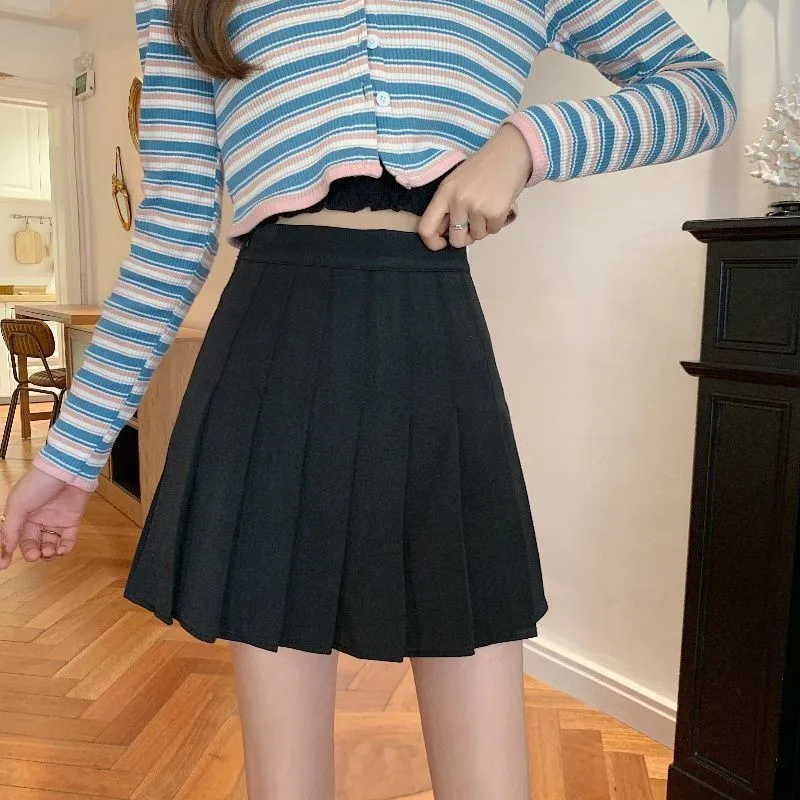 Skirts New Black Pleated Short Skirt Women Spring and Summer High Waist A-Line Skirt College Style Anti-Lighting Sexy Mini Skirt Girls brown skirt