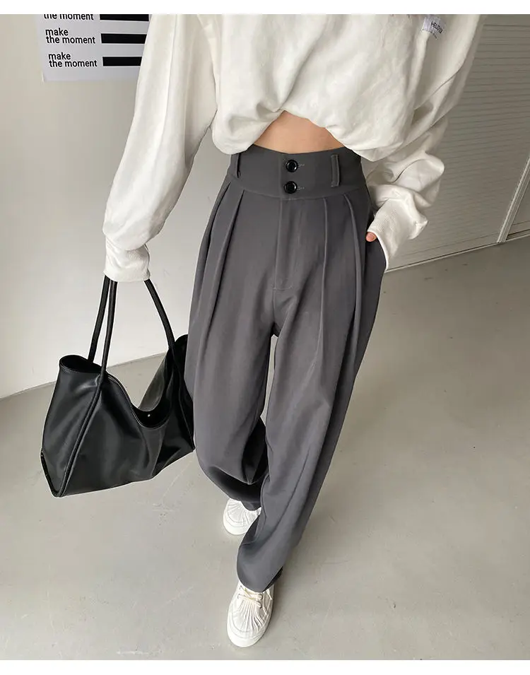 Yitimoky Woman Pants High Waisted 2 Buttons Pleated Trousers Baggies Full Length Office Ladies Work Black Gray Vintage Bottoms adidas pants