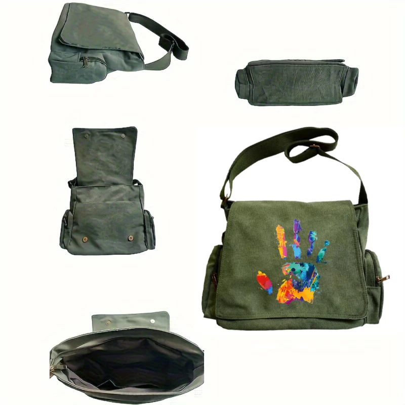 Women's Shoulder Bag Men's Crossbody Bag Messenger Bag Canvas Handprint Large Capacity Laptop Bag