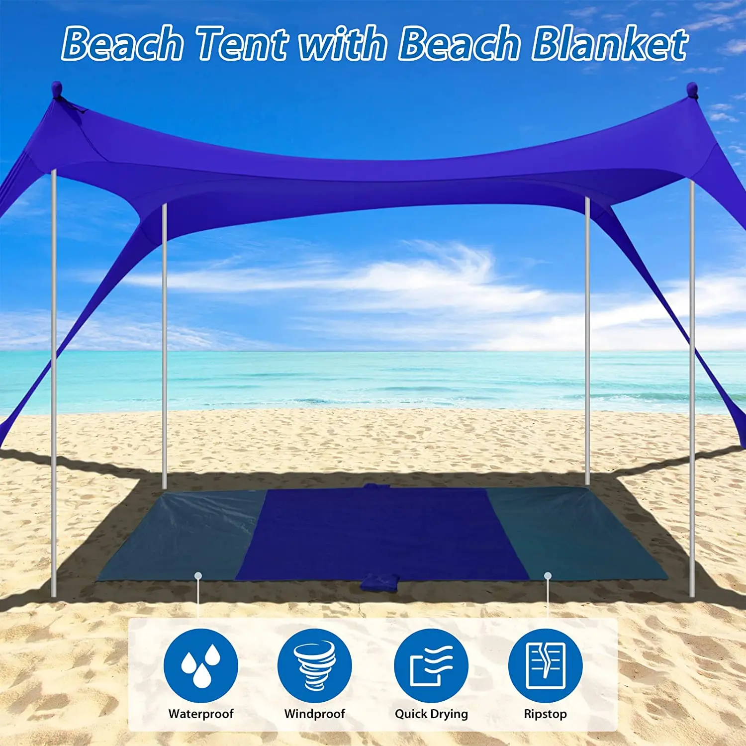 10x10 FT Family Beach Tent Sunshade UPF50+, Large Beach Shade