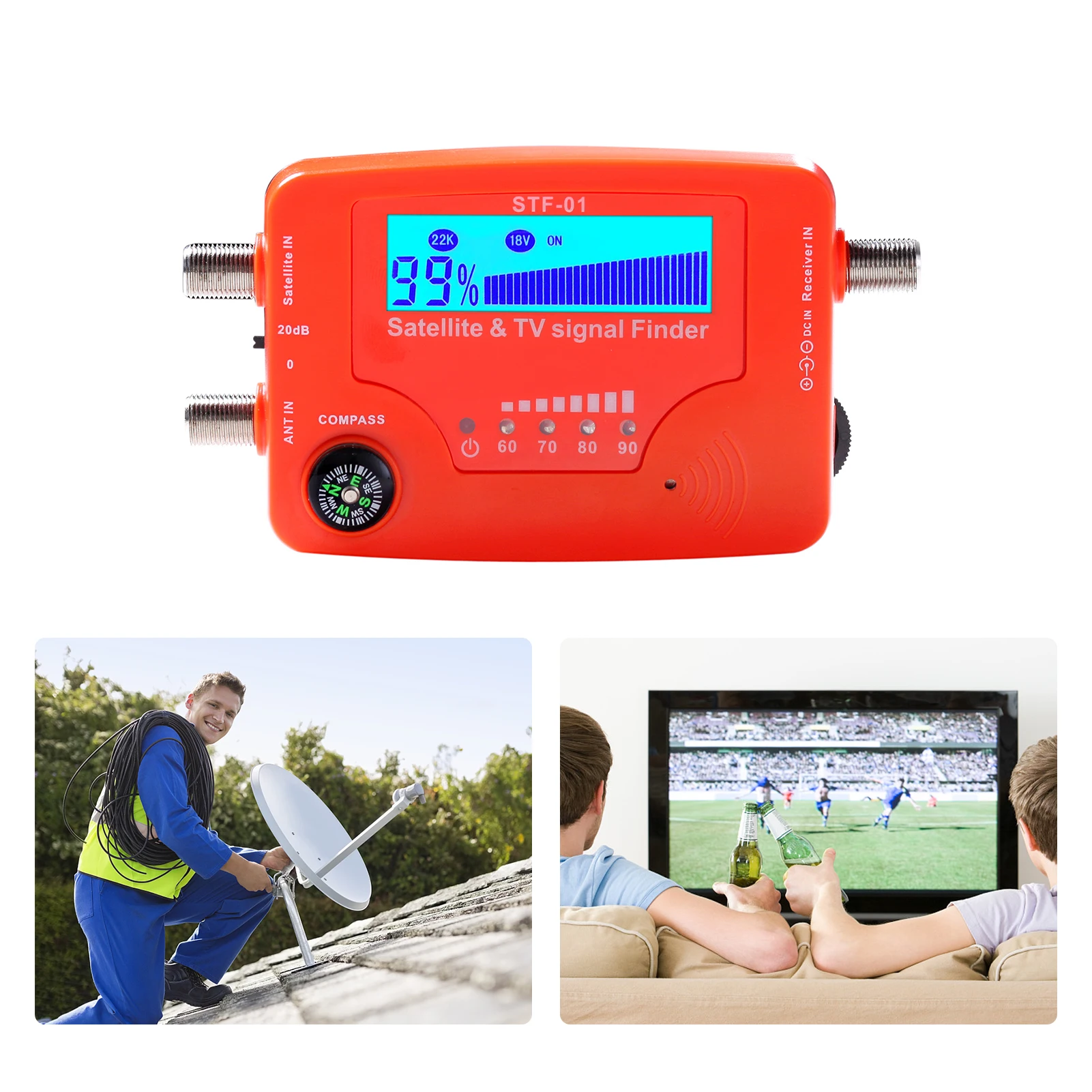 Dual-Function Portable TV and Satellite Signal Strength Meter with Compass and Alarm Buzzer