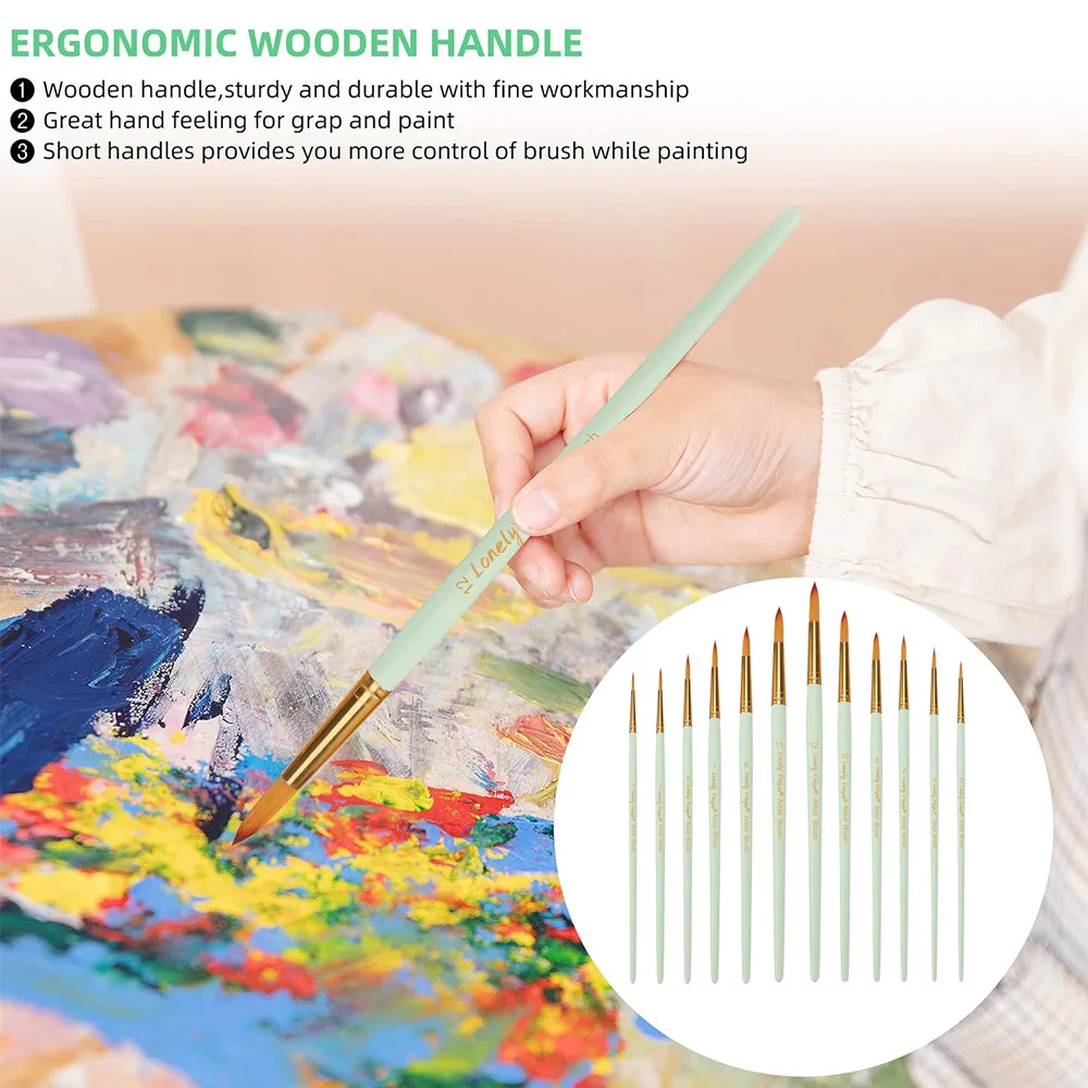 12 pcs Professional Paint Brush Round Pointed Tip Nylon Hair Artist Acrylic Brush for Acrylic Watercolor Oil Painting Body Paint 6