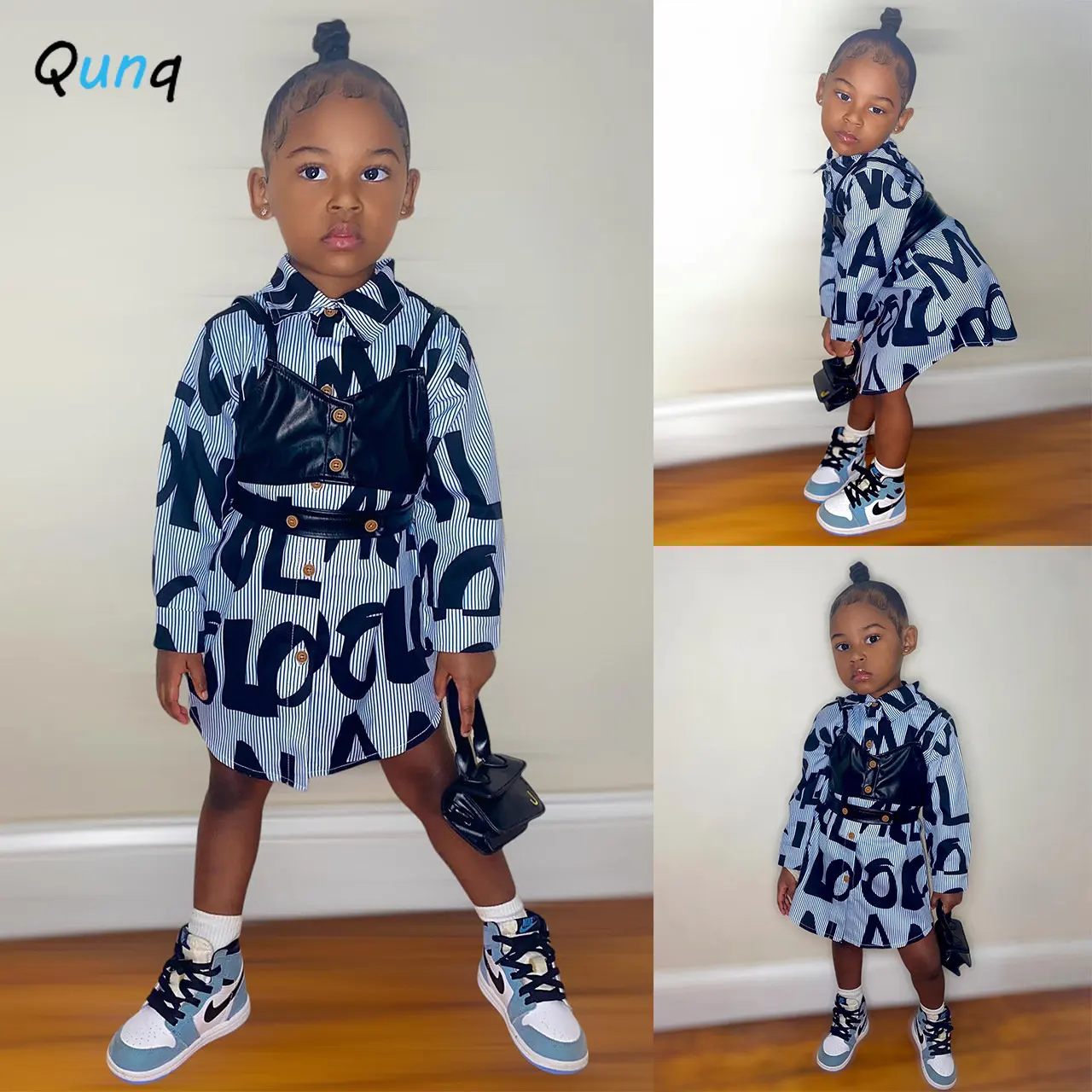 

Qunq Autumn Girls Print Turn-Down Collar Long Sleeve Sweatshirts Top + PU Short Vest 2 Pieces Set Casual Kids Clouthes Age 3T-8T