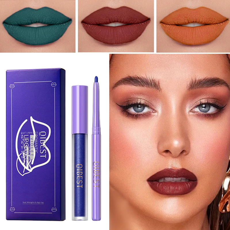 

Dark Black Blue Matte Lip Gloss & Lip Liner Set Liquid Lipstick Waterproof Charming Lipliner Contour Pencil Cosmetic Kit Makeup