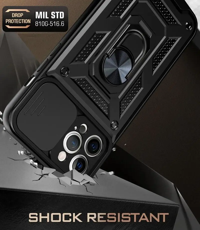 Enhanced Armor Stand Holder Phone Case with Car Ring and Camera Lens Protector