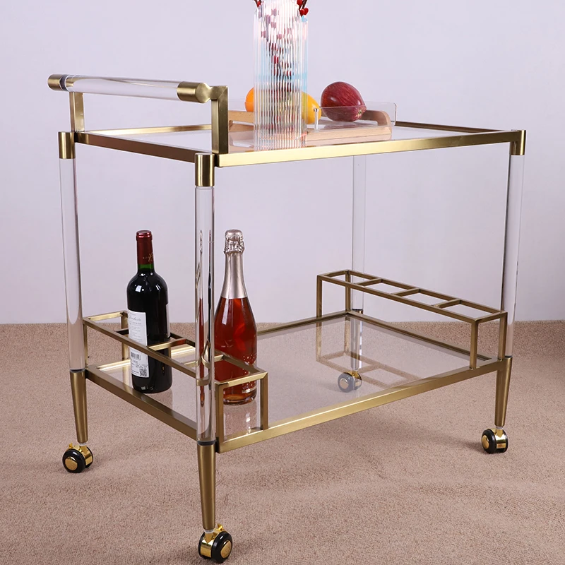 Metal Brass Fancy Luxury Clear Acrylic Food Cart Stainless Steel Modern Design Handcrafted Acrylic Serving Trolley