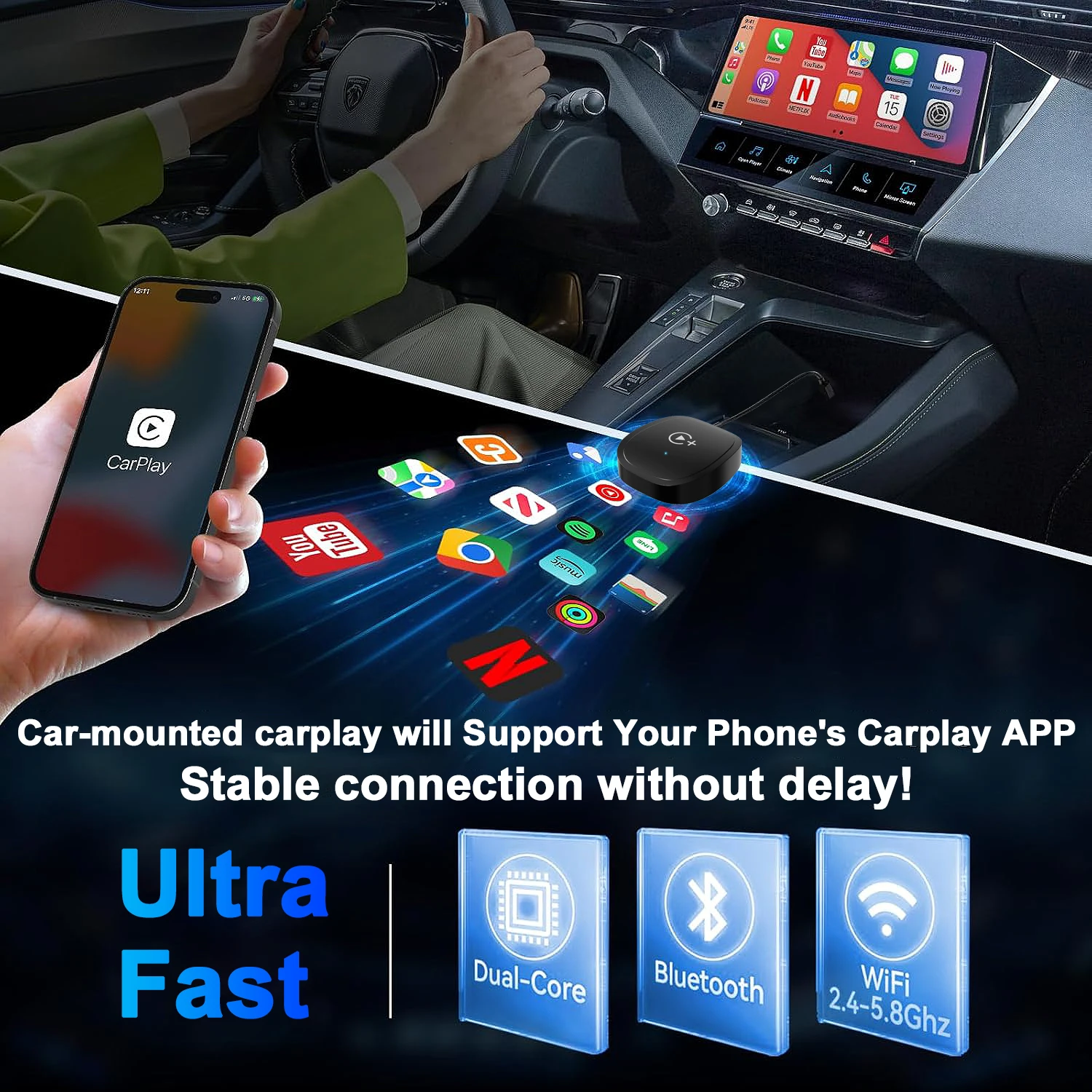 무선 CarPlay/안드로이드 Auto 비디오 어댑터, 지연 없이 YouTube/Netflix/TikTok 영상 시청 지원, 플러그 앤 플레이