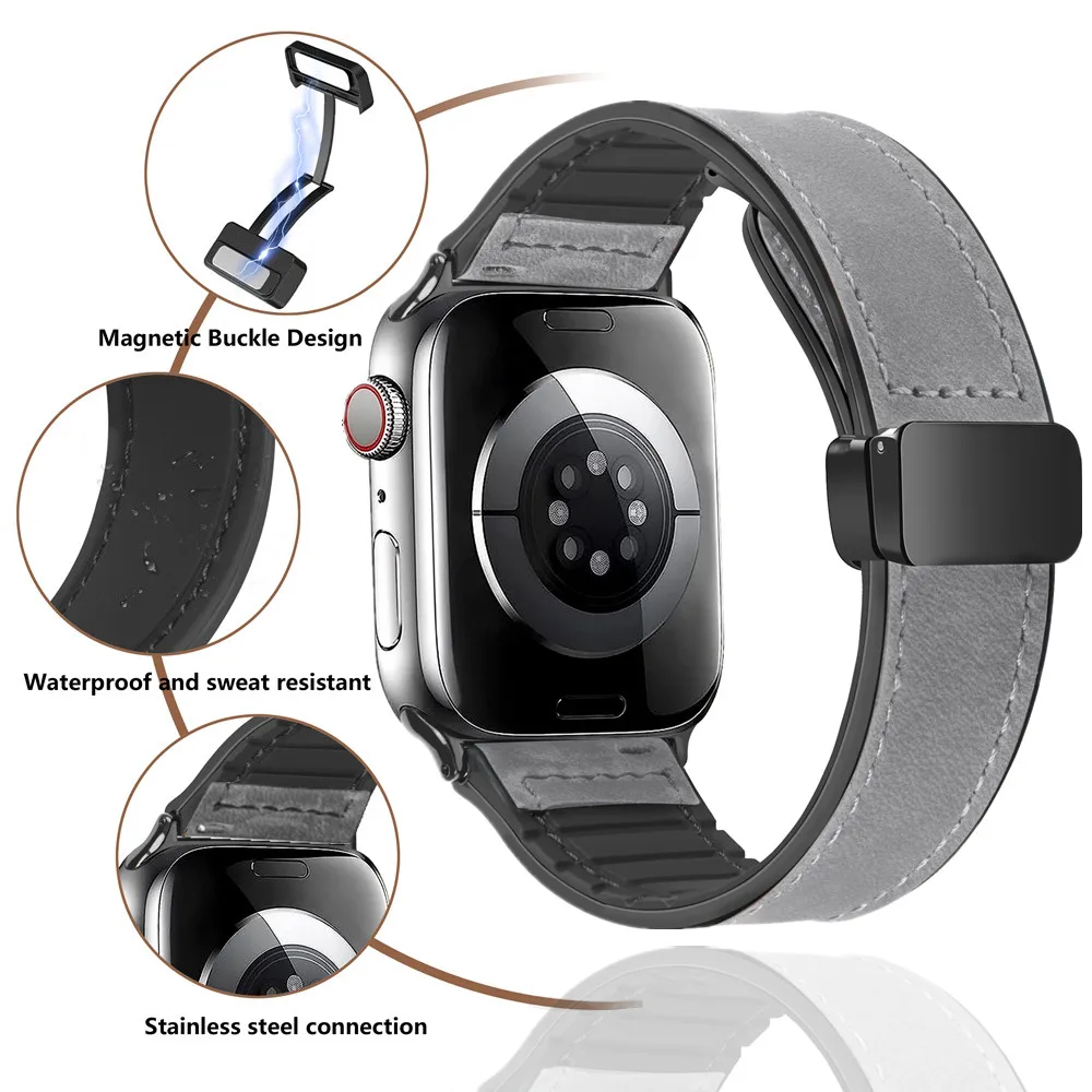 Magnetic Leather & Silicone Apple Watch Bracelet Band