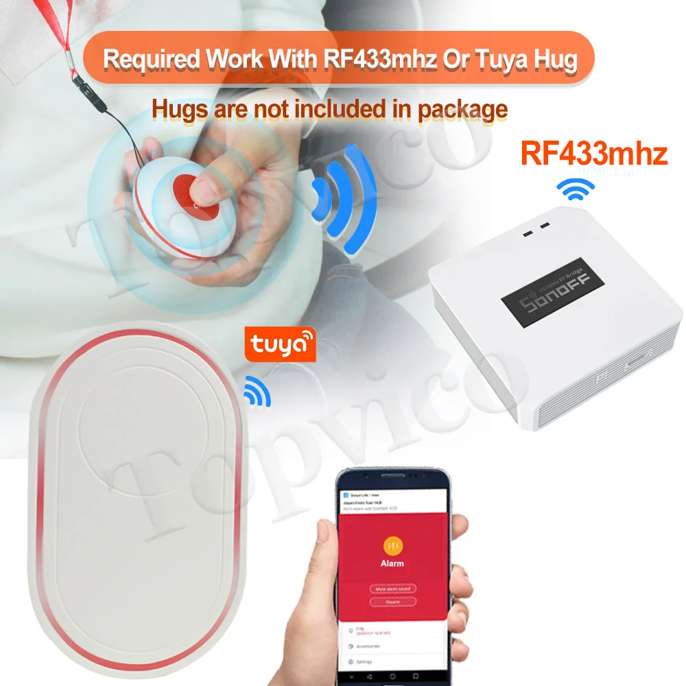 Topvico SOS Emergency Elderly Panic Button Required Work With Tuya Smart Life Or Rf433 mhz Hugs For Home Security System medical alert button,emergency alarm button