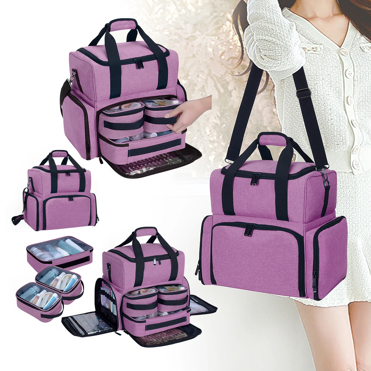 UOZL Large Capacity Double-layer Makeup Bag with 3 Removable Pouches and 2 Removable Compartments with Adjustable Shoulder Strap