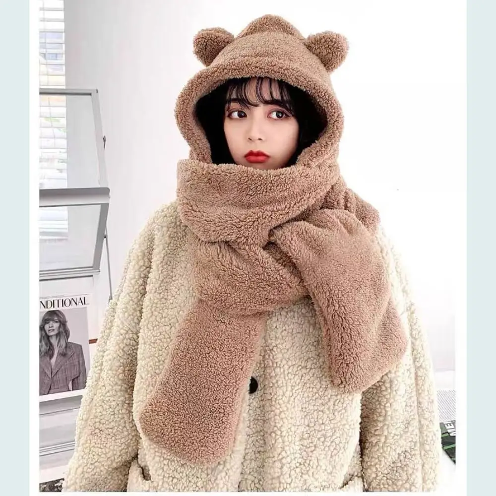 Winter Warm Women Bear Ear Hat Scarf Gloves Set