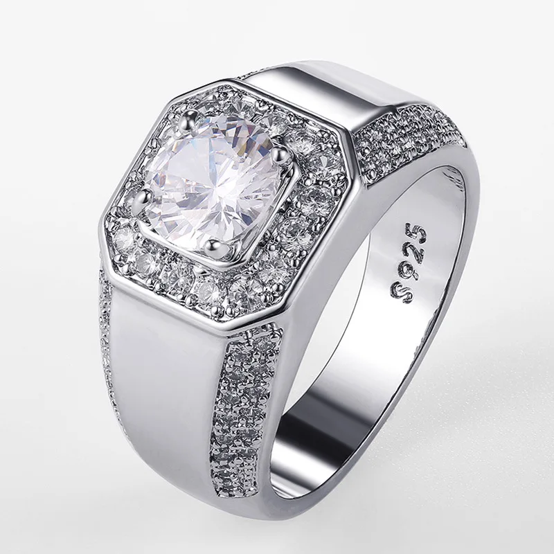 

Luxury 925 Sterling Silver Men AAA Crystal Zircon Stone Wedding Ring Brilliant Noble Engagement Engage Party Plata Rings Stamp