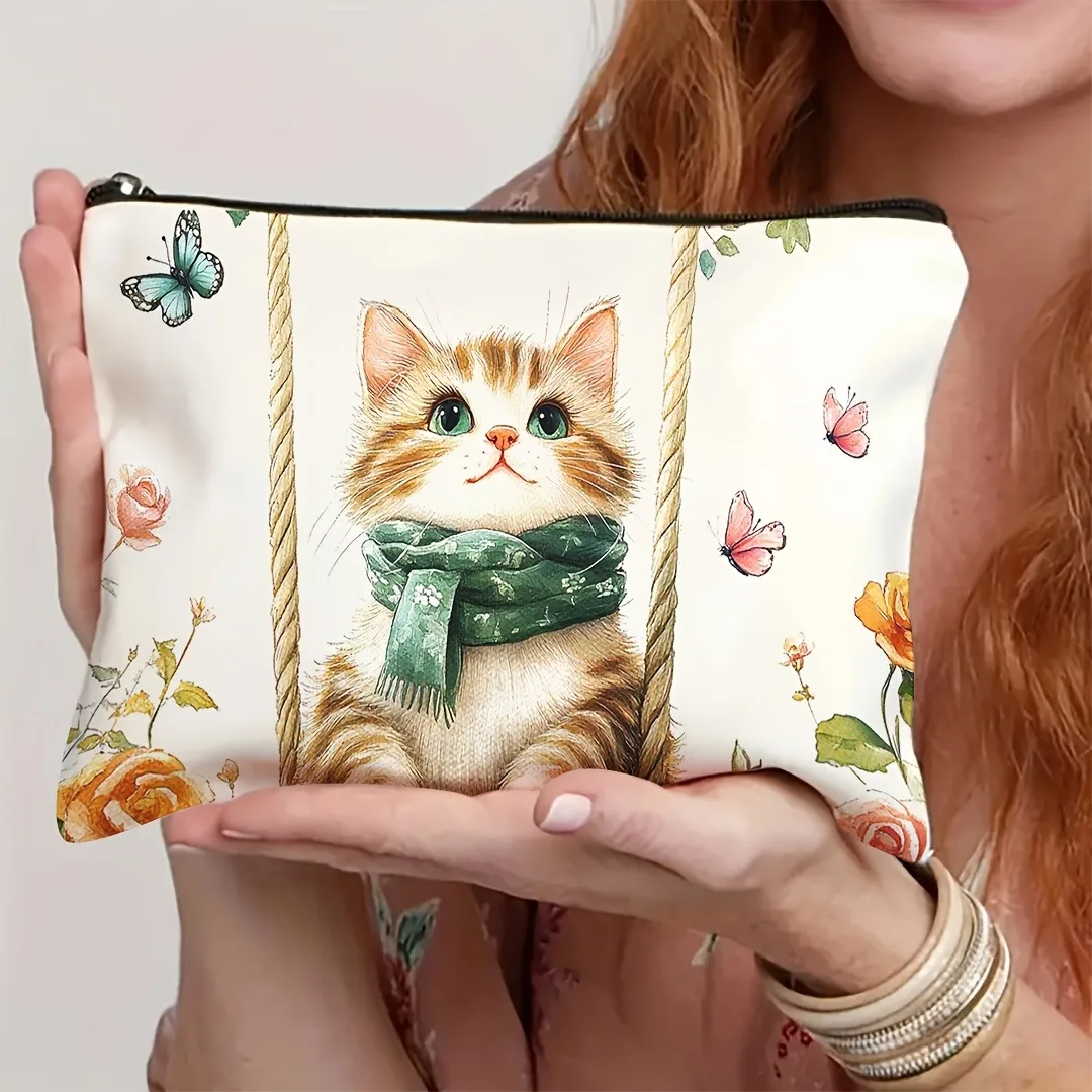 Eine Make-up-Tasche mit Happy Cat Whiskers-Kosmetiktasche. Leichter, faltbarer Make-up-Organizer mit Reißverschluss für die Reise-Aufbewahrungstasche – Detail 3