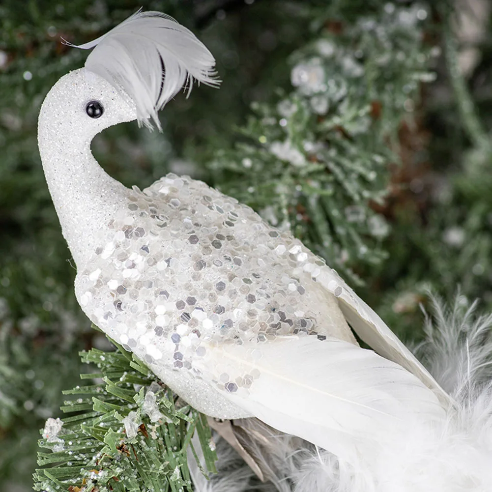 

1pc Artificial White Peacocks Feathered Ornaments Christmas Long Tail Simulation Birds Christmas Tree Wedding Decor Pendant