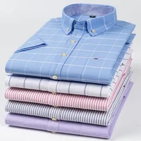 100% Cotton Breathable Men Oxford Short Sleeve Summer Plaid Shirts Striped Male Clothes Business Regular Fit Oversized 1