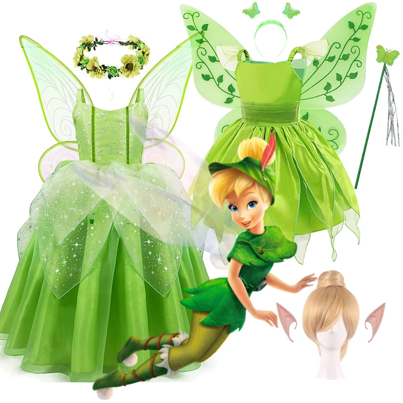 Mädchen Cosplay Grüne Fee Tinker Bell Kleid Kinder Disney Prinzessin Blume Fee Flügel Kostüm Party Tinkerbell Tinker Bell Kleider